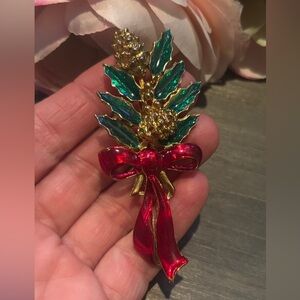 Vintage Gold and Red Bow Holiday Brooch